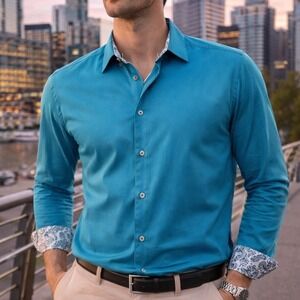 Jared Lang Men's XL Teal Button Up Dress Shirt Paisley Trim Long Sleeve